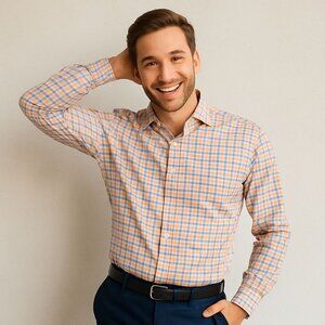 David Donahue Men's Trim Button Down Dress Shirt Plaid Classic Check Collared